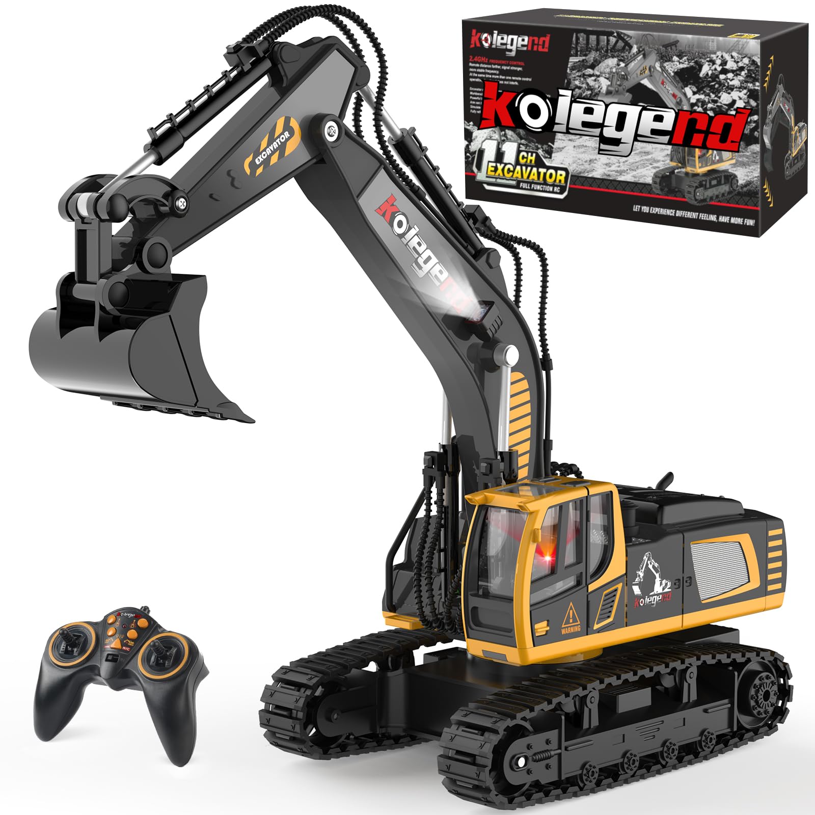 kolegendRemote Control Excavator Toy 16 Inch, 9 Channel RC Construction Vehicles Hydraulic Haulers Digger Toys Gift for 6 7 8 9 10 Years Old Kids Boys