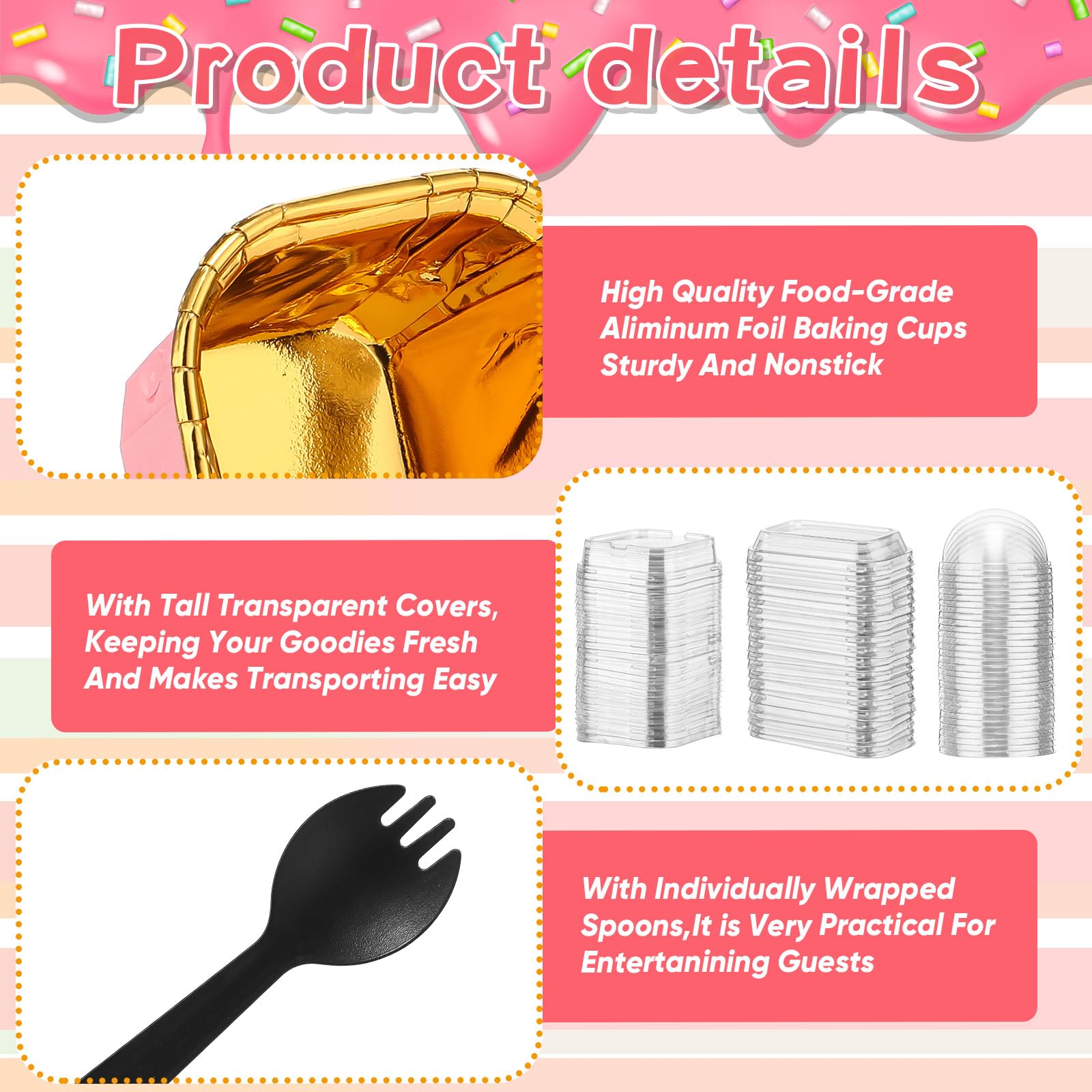 Baderke 150 mini moldes para tartas rosas con tapas y cucharas, ramequines desechables de 6.8 onzas, 5 onzas, redondos, rectangulares, cuadrados, para hornear, moldes para cupcakes, recipientes para