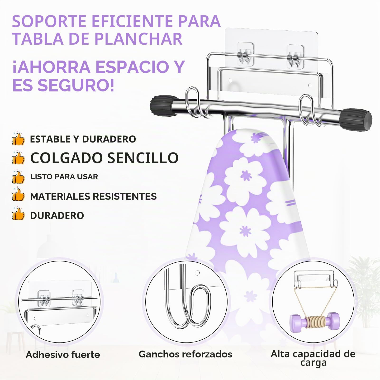 Soporte para Tabla de Planchar, Almacenamiento para Tabla de Planchar, Colgador de Pared para Tabla de Planchar, Percha de Acero Inoxidable, Gancho Ppra Tabla de Planchar para Pared o Puerta Plateado