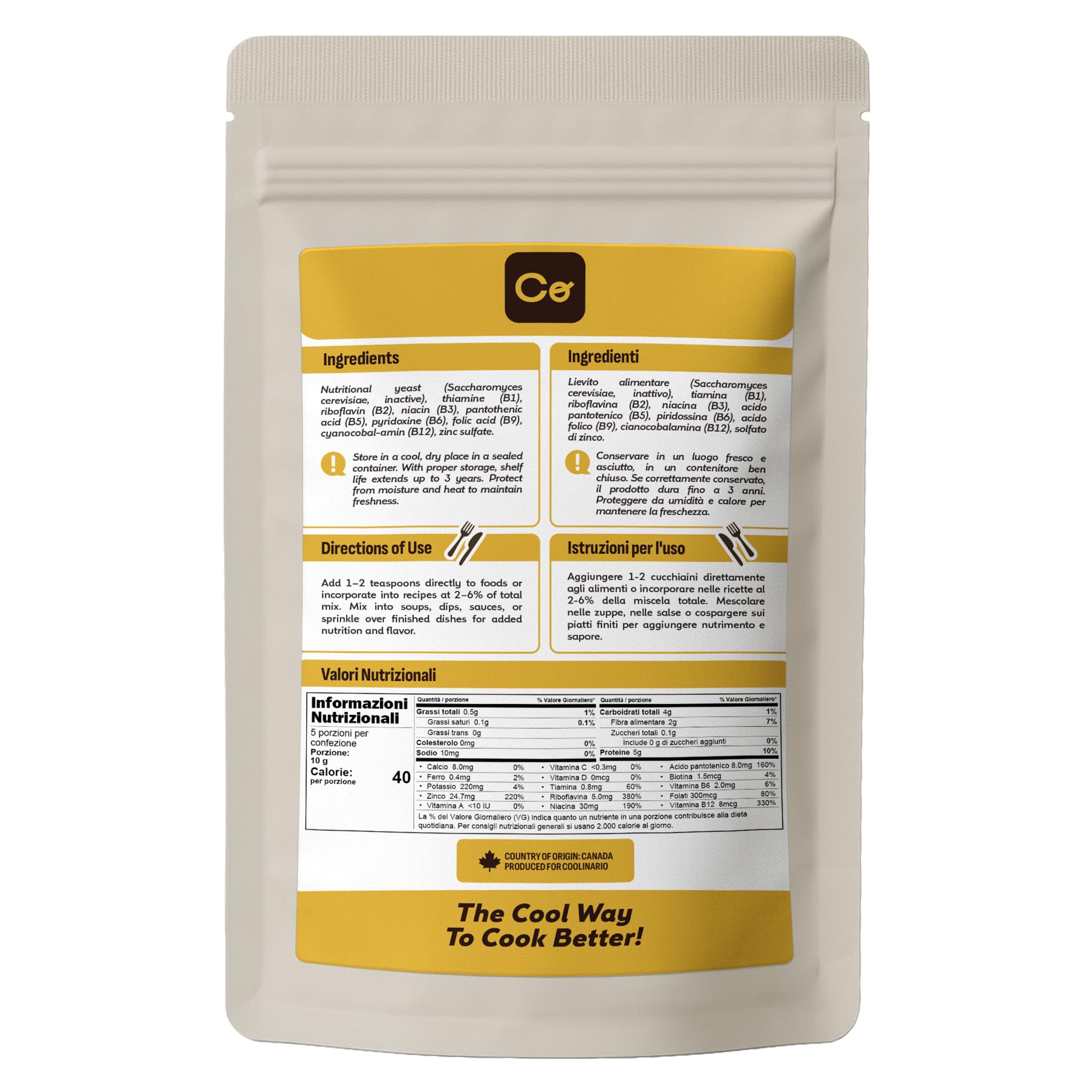 Coolinario Lievito Alimentare Fortificato (56 g) | Condimento Vegano Ricco di Vitamine B, B12 e Zinco | Sapore Umami per Pasta, Popcorn e Salse | Senza Glutine e 100% Vegetale