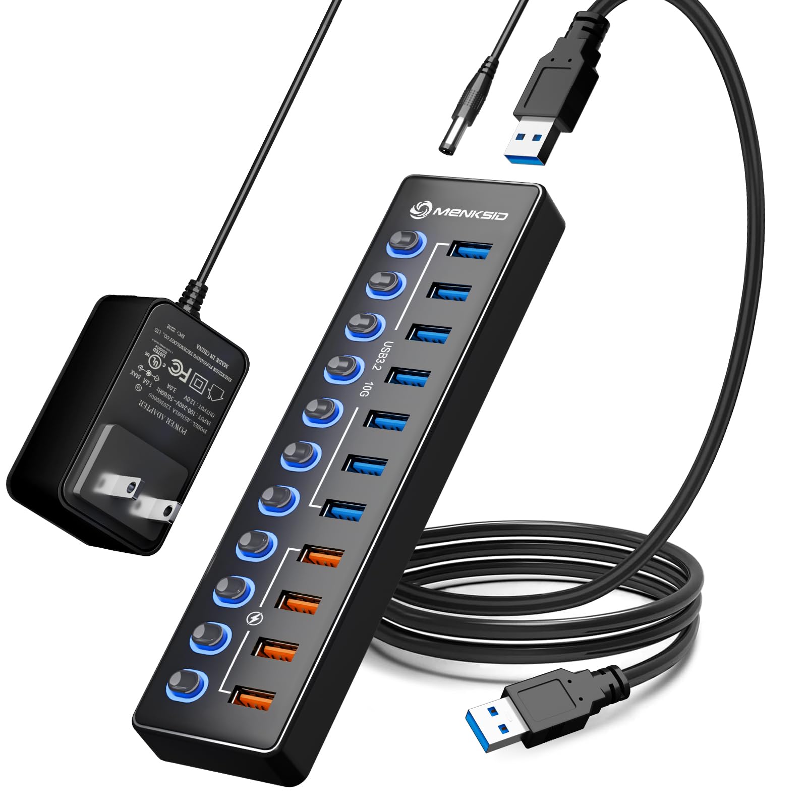 MENKSID - Hub USB alimentato a 11 porte, 7 porte di trasferimento dati USB 3.2 + 4 porte di ricarica intelligenti, interruttore indipendente (con indicatore di alimentazione LED), hub USB 3.2