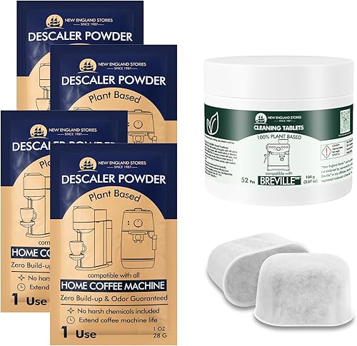 New England Stories Solución universal de polvo descalcificante. Kit de pastillas de limpieza y filtro de agua compatibles con Breville, incluye 4