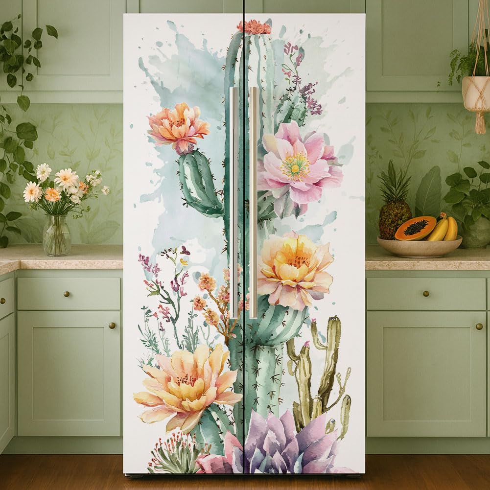 GOMAKERER 2 Pcs Succulent Flowers Pattern Removable Refrigerator Wraps, Self-Adhesive Fridge Door Mural Vinyl Freezers Panel Cover Sticker for Kitchen Bar Decor, 41.5x200cm