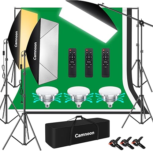 Kit de iluminación Softbox, kit de fotografía Camnoon con 3 cajas de luz, 3 85W 2800K-5700K luz LED de temperatura bicolor, 3 telones de fondo,