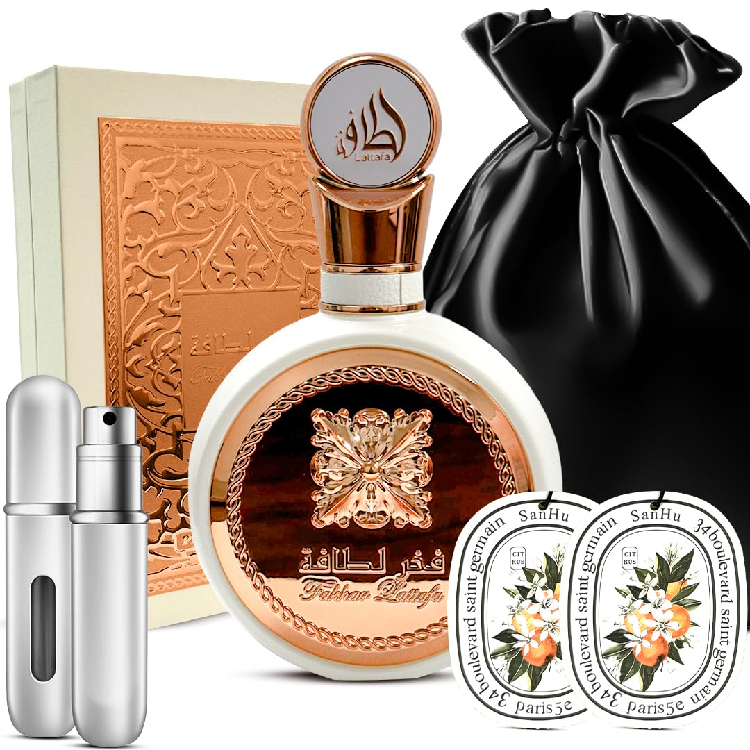 AROMAQUE Gift Set Bundle of Fakhar Lattafa Perfume Women 3.4oz EDP 1 Empty Travel Refillable Bottle & 2 Car Freshener Cards in a Satin Gift Bag