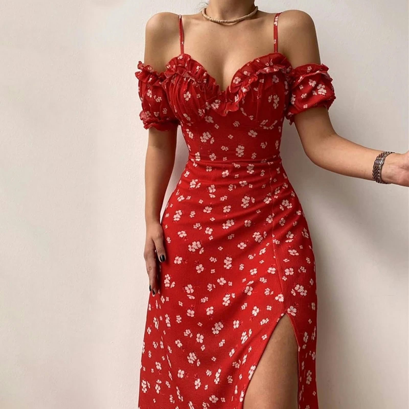Elegante Estampado Casual de Verano Vestido Dividido Hombro a Hombro Vestido Midi de Manga Corta para Mujeres, Adecuado para Fiestas de Clubes de Vacaciones, HUTALIM, Azul claro, m