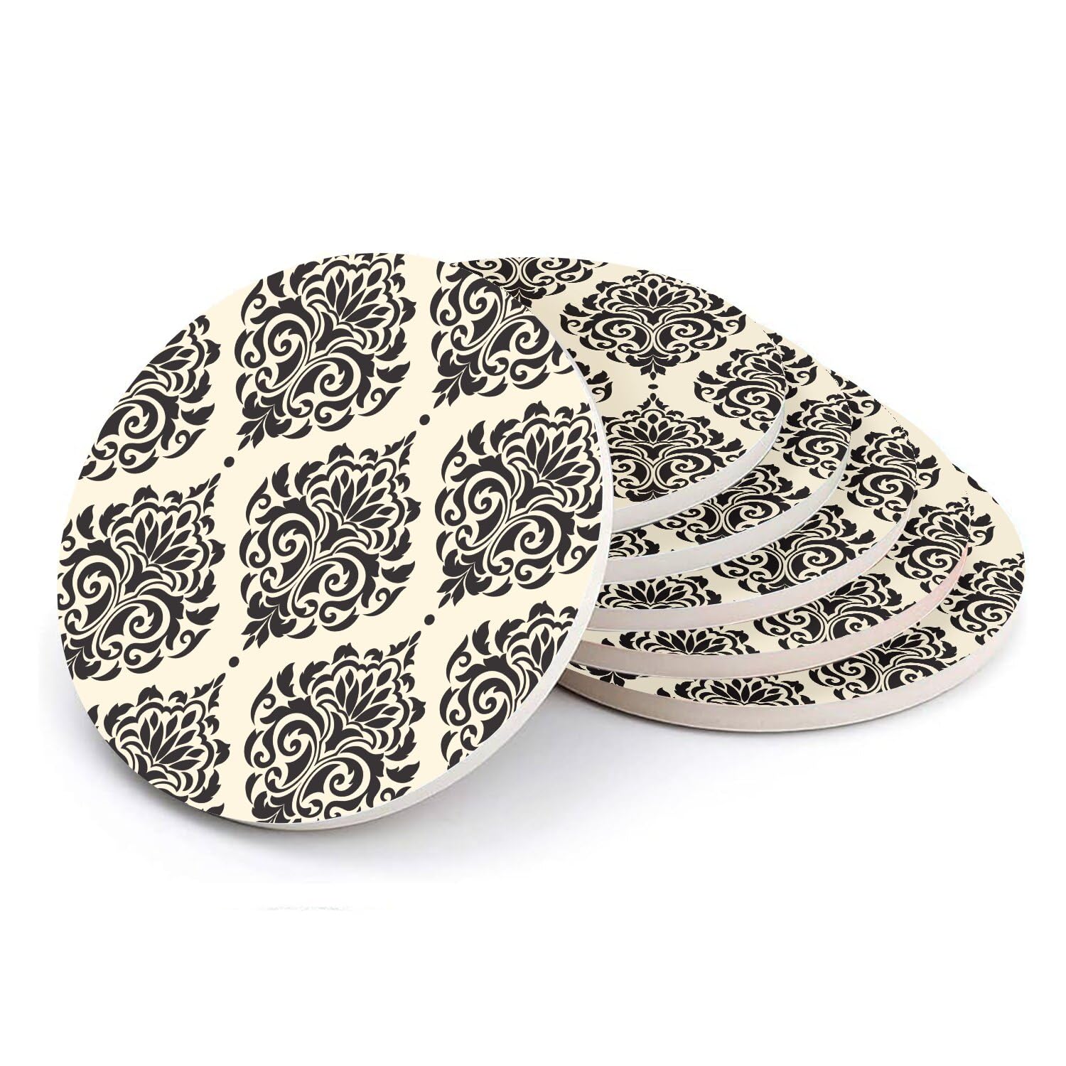 Sous-verre ronds en céramique de luxe motif Damas vintage chic x6