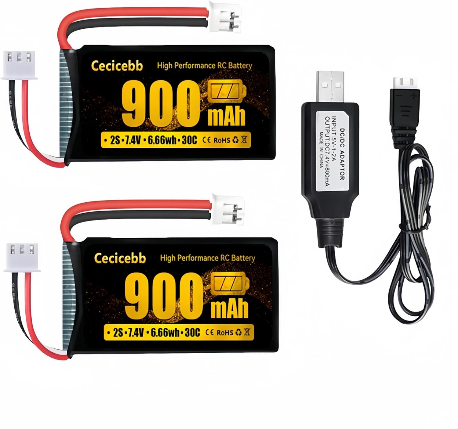 SCX24 Battery 7.4V 900mAh Li-Po Battery with PH2.0 Plug for SCX24 RC Car Most 1/10, 1/16, 1/18, 1/24 Scale RC Trucks with Charger Cable