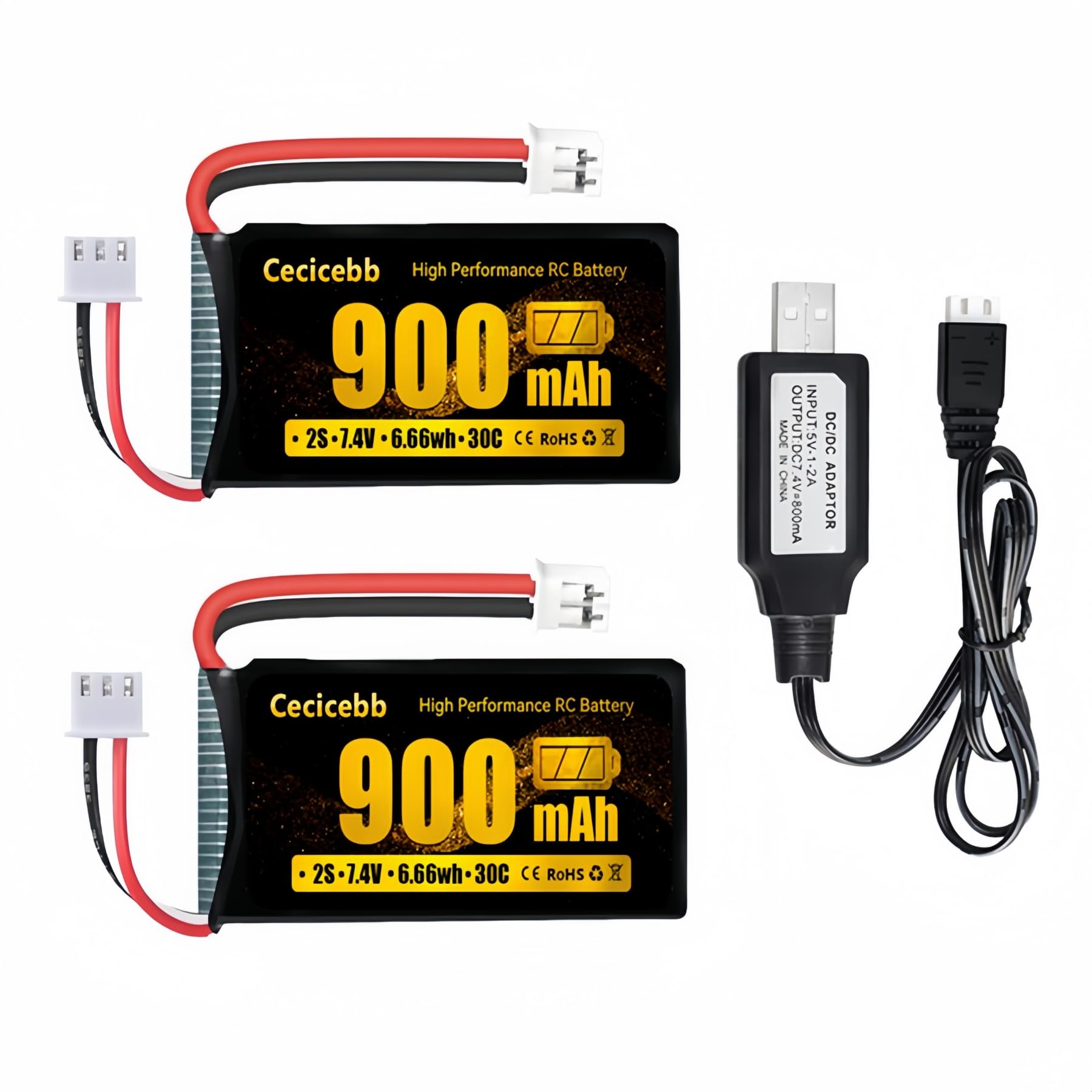 Cecicebb SCX24 Battery 7.4V 900mAh Li-Po Battery with PH2.0 Plug for SCX24 RC Car Most 1/10, 1/16, 1/18, 1/24 Scale RC Trucks with Charger Cable