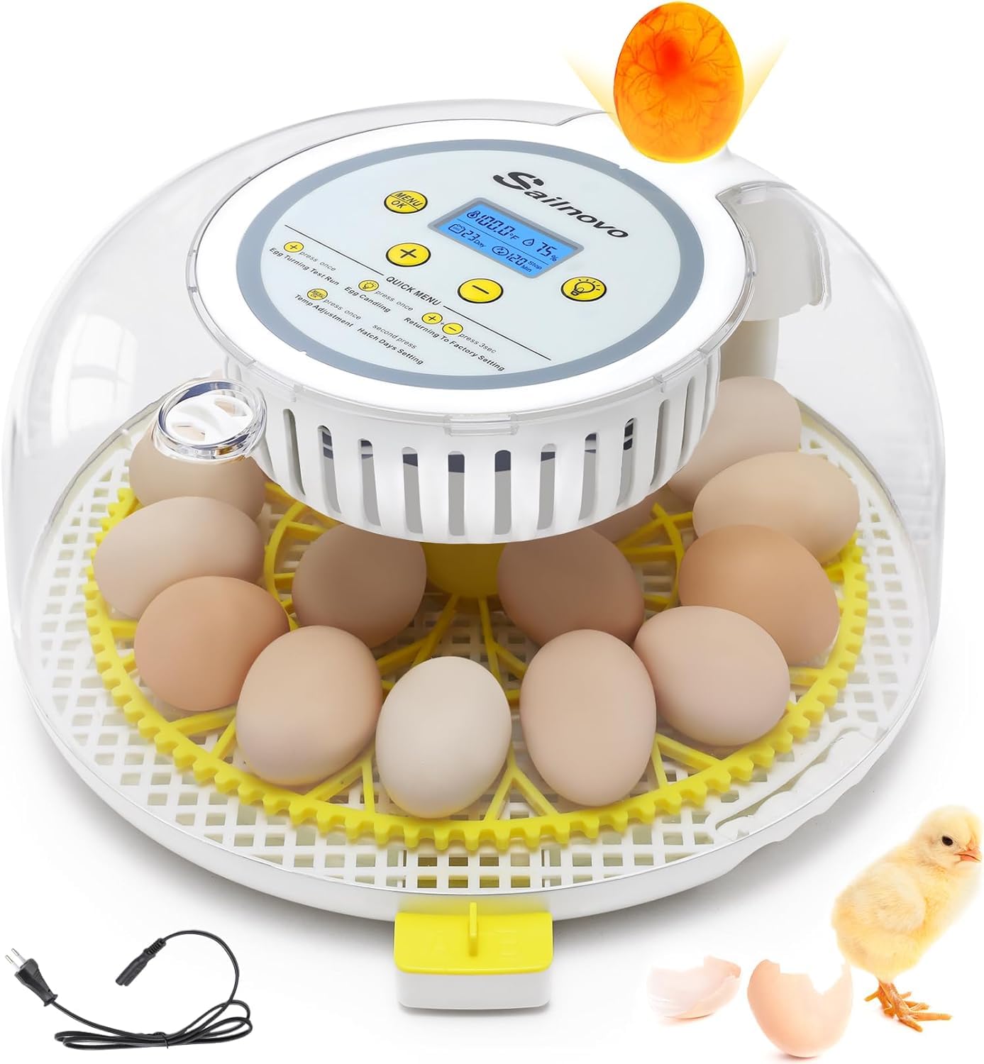 Sailnovo 18 Egg Incubator with Automatic Egg Turning, Egg Candler, Humidity Control, Hatch Days, and Temperature Control, Chicken Egg Incubators for Hatching Chicken Quail Duck(Yellow)