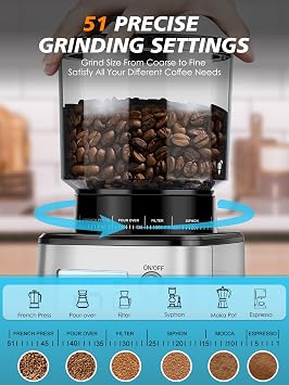 Homtone Coffee Grinder Electric, 40mm Conical Burr, 51 Grind Settings
