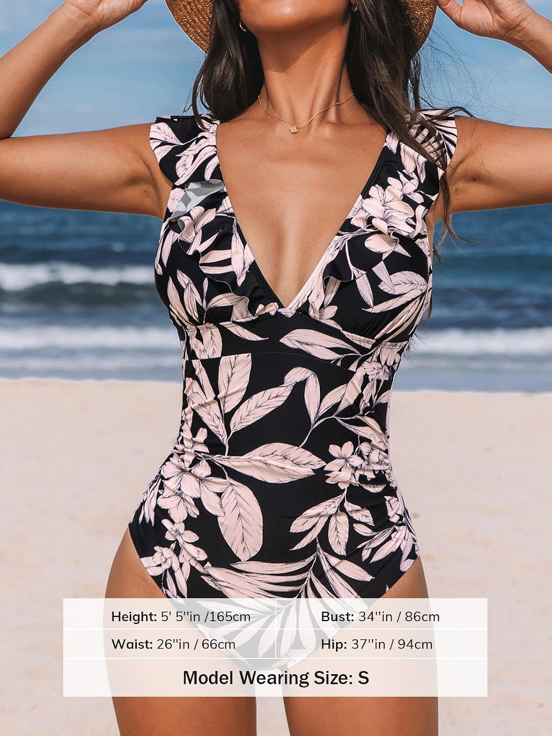 CUPSHE Women's Ruffled One Piece Swimsuit V Neck Lace Up thumbnail