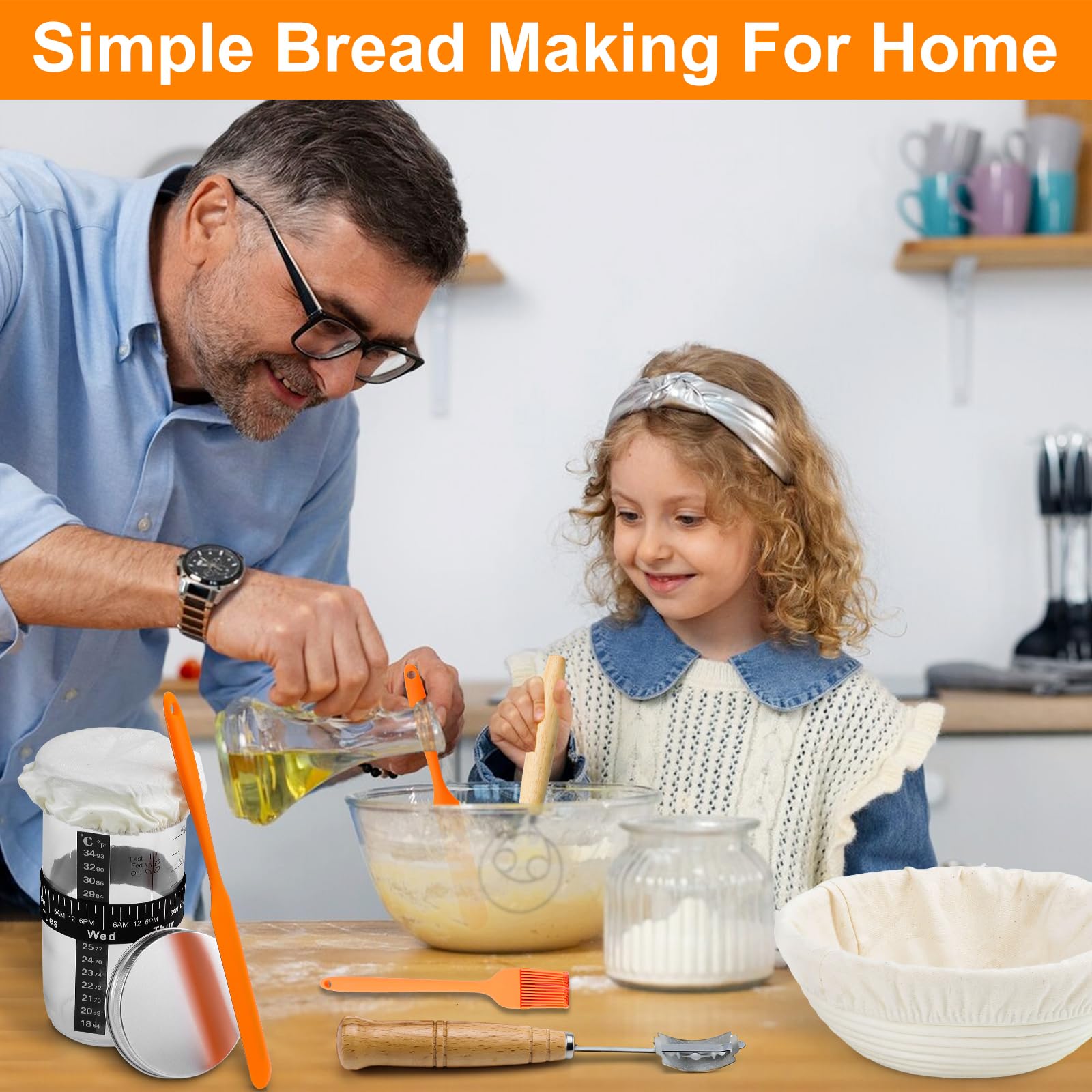 Kit Completo per la Pasta Madre,Cestino per Pane Lievitato In 2 Pz. con Fodera,Imbragatura Per Pane In Silicone,Barattolo di Agente Lievitante Spazzola In Silicone,Set Di Raschietti Per Pasta(A)