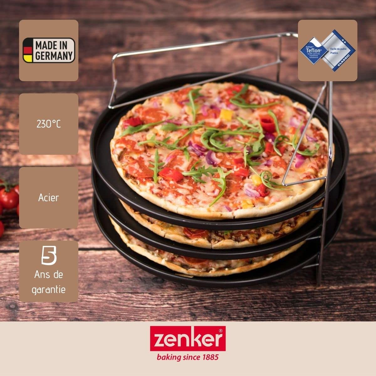 Zenker 7515 Set de cuisson pizza, 3 plaques à pizza et 1 grille four, plaque pizza, plaque de cuisson pour pizza, plat pizza four, moule pizza, Acier, Noir, 29 x 1,5 cm