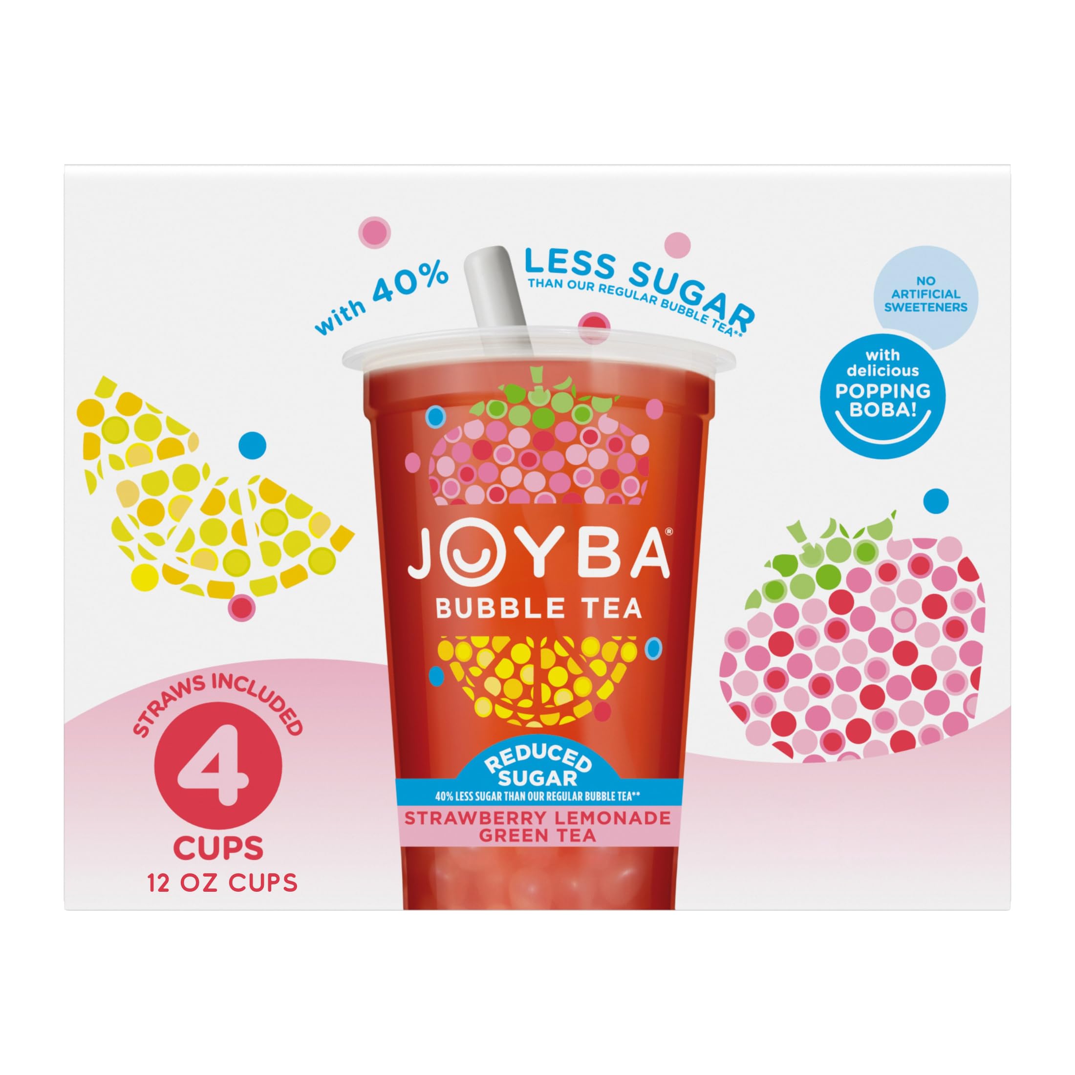 Joyba Reduced Sugar Strawberry Lemonade Flavored Green Bubble Tea, 4 Pack,12 fl oz. Cups Reduced Sugar Strawberry Lemonade Green Tea 4 Pack