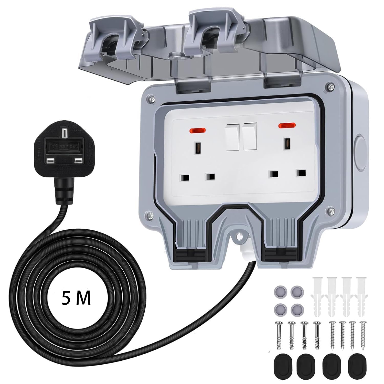 Demoyaya Weatherproof Outdoor Socket Double Socket Box Waterproof with Cable, Outlet IP66 13AMP 2 Gang Power Sockets, Wall Electrical Outlet Box for Garden Garage Yard (Dual Socket with 5M Cable)