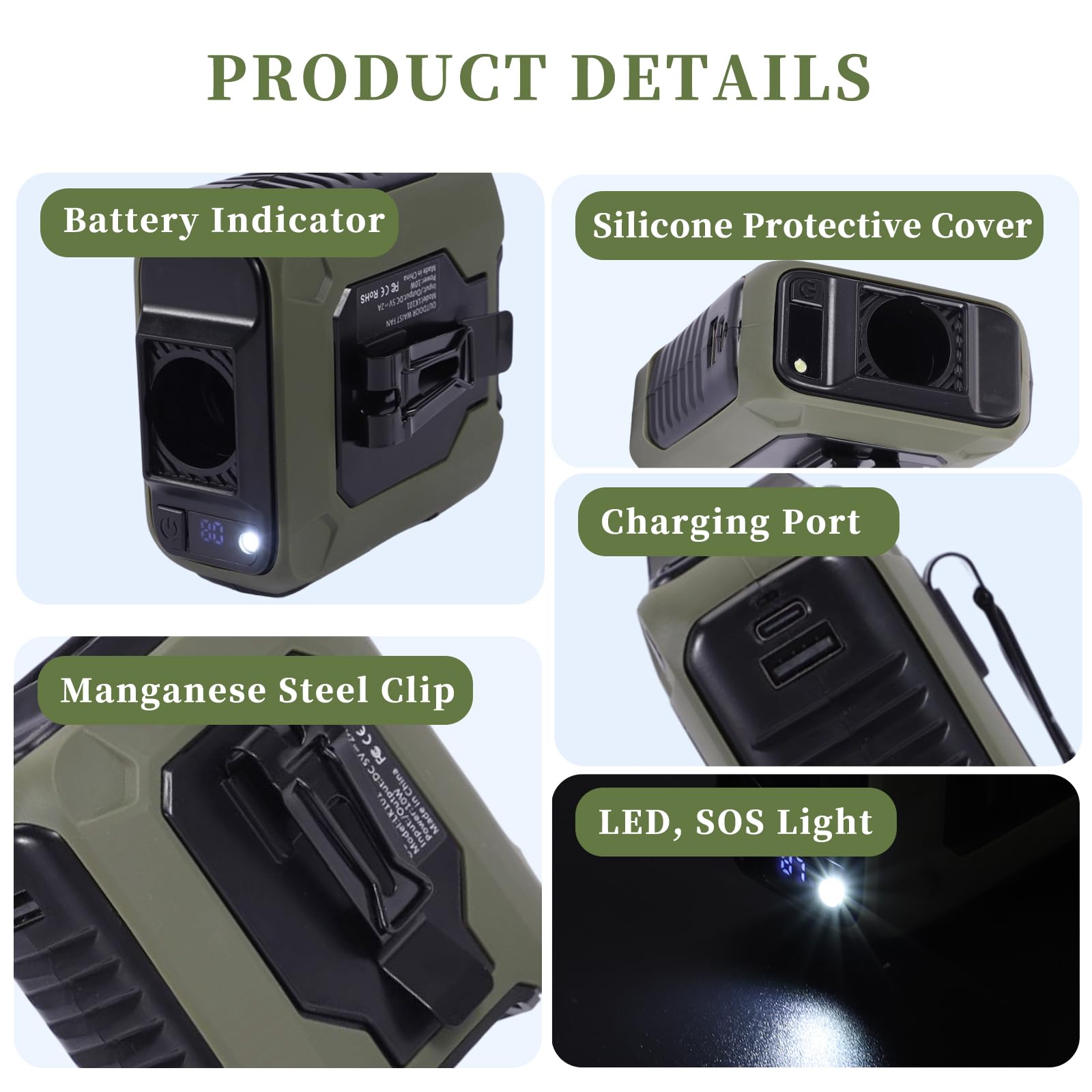 Ventilatore Portatile da Cintura 10000mAh, 35H Ventilatore Indossabile Senza Mani con 5 Velocità e Luce LED, Ventola Ricaricabile USB, per Lavoro all'Aperto, Campeggio e Viaggi