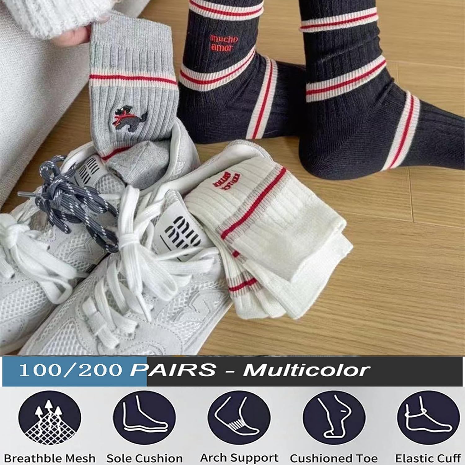 Repaly Womens Cute Cozy Striped Crew Socks, Casual Athletic Hiking Socks(100 pairs)