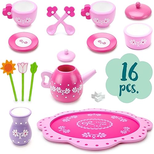 Miniatura 3 de Imagination Generation Pink Blossoms Tea Time Set para dos – Wood Eats! Juego de fiesta de té con tazas de té, teteras, platillos, cucharas, flores