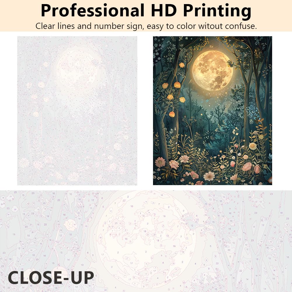 TISHIRON Malen nach Zahlen Erwachsene Kit - Mondlicht Wald mit Blumenlandschaft Motiv, Romantische Nachtlandschaft DIY Malen für Erwachsene - 40x50 cm(Gerahmt)