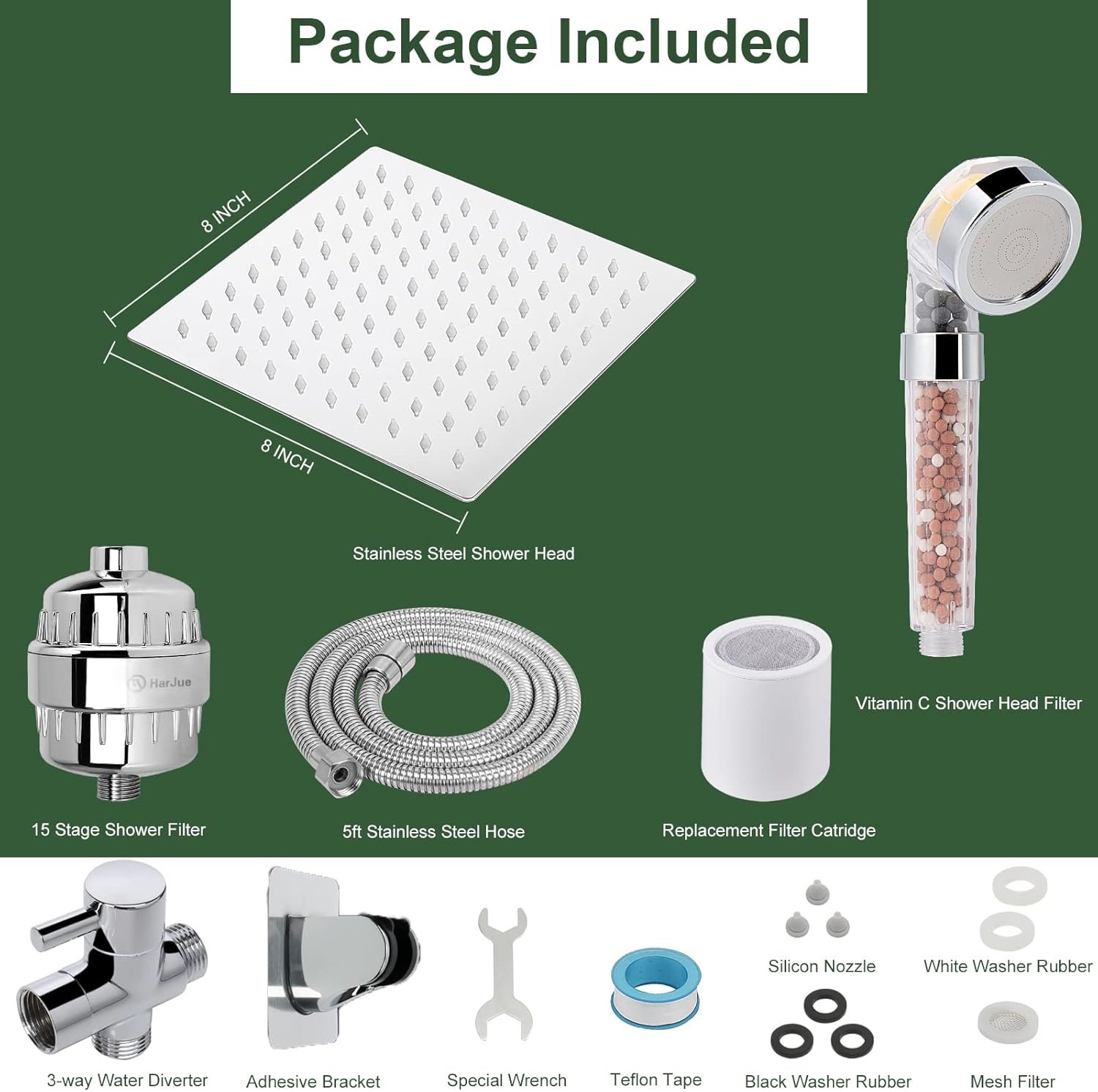 HarJue Filter Shower Head, High Pressure ShowerHead with Filter Combo for Hard Water, Remove Chlorine Fluoride and Harmful Substances- 1 Replaceable Filter Cartridge（8 Inch, Chrome） - 
