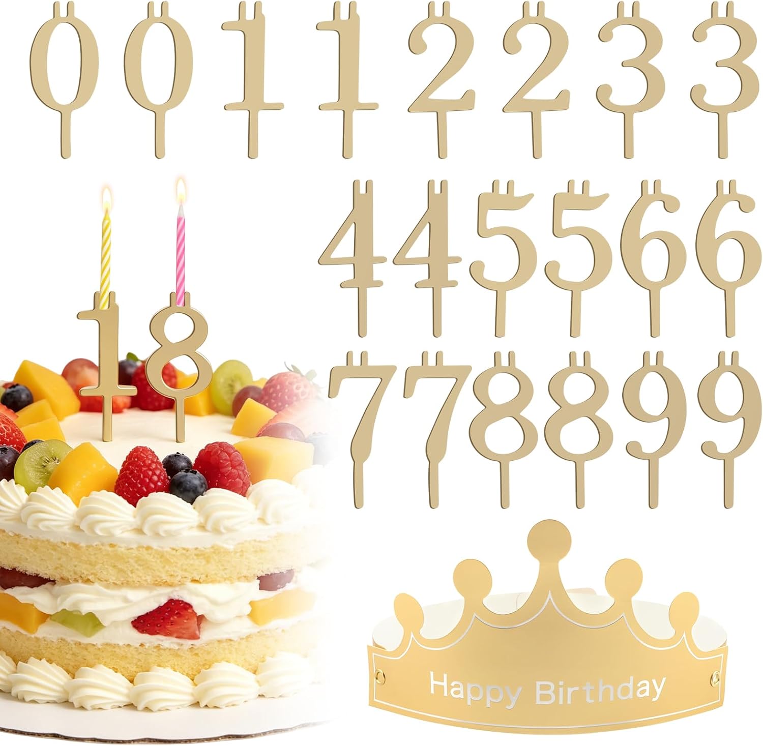 20Pcs Number Birthday Candle Holder Set 0-9, Reusable Stainless Steel Gold Cake Topper Decorations for Birthday Wedding Anniversary Parties Includes a Birthday Hat