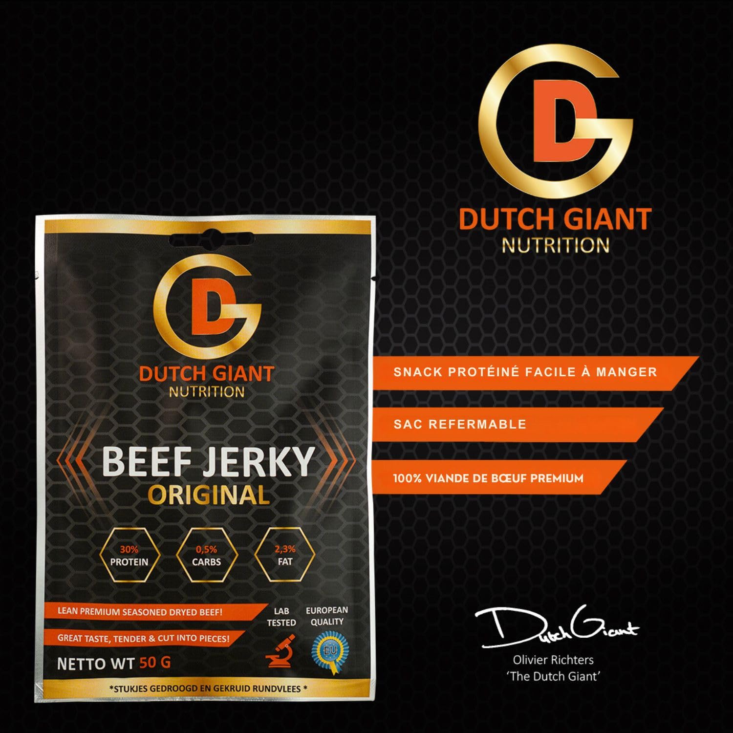 Dutch Giant Beef Jerky Original | 10 x 50 gram | 500g Boeuf Séché pour les gens | Viande séchée | Biltong | Nourriture Américaine | Snack | Ration de survie | Haute teneur en protéines | Musclemeat