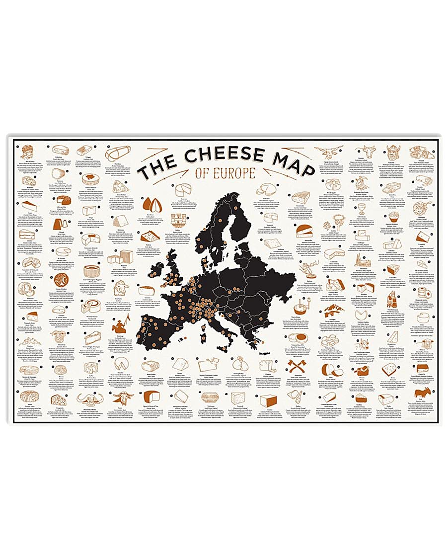 Oudrspo The Cheese Map Of Europe Metal Tin Signs Cheese Lore Retro Posters Cheese Lover's Guide To Collection Plaques Home Kitchen Shop Restaurant Wall Decor 12X16 Inches