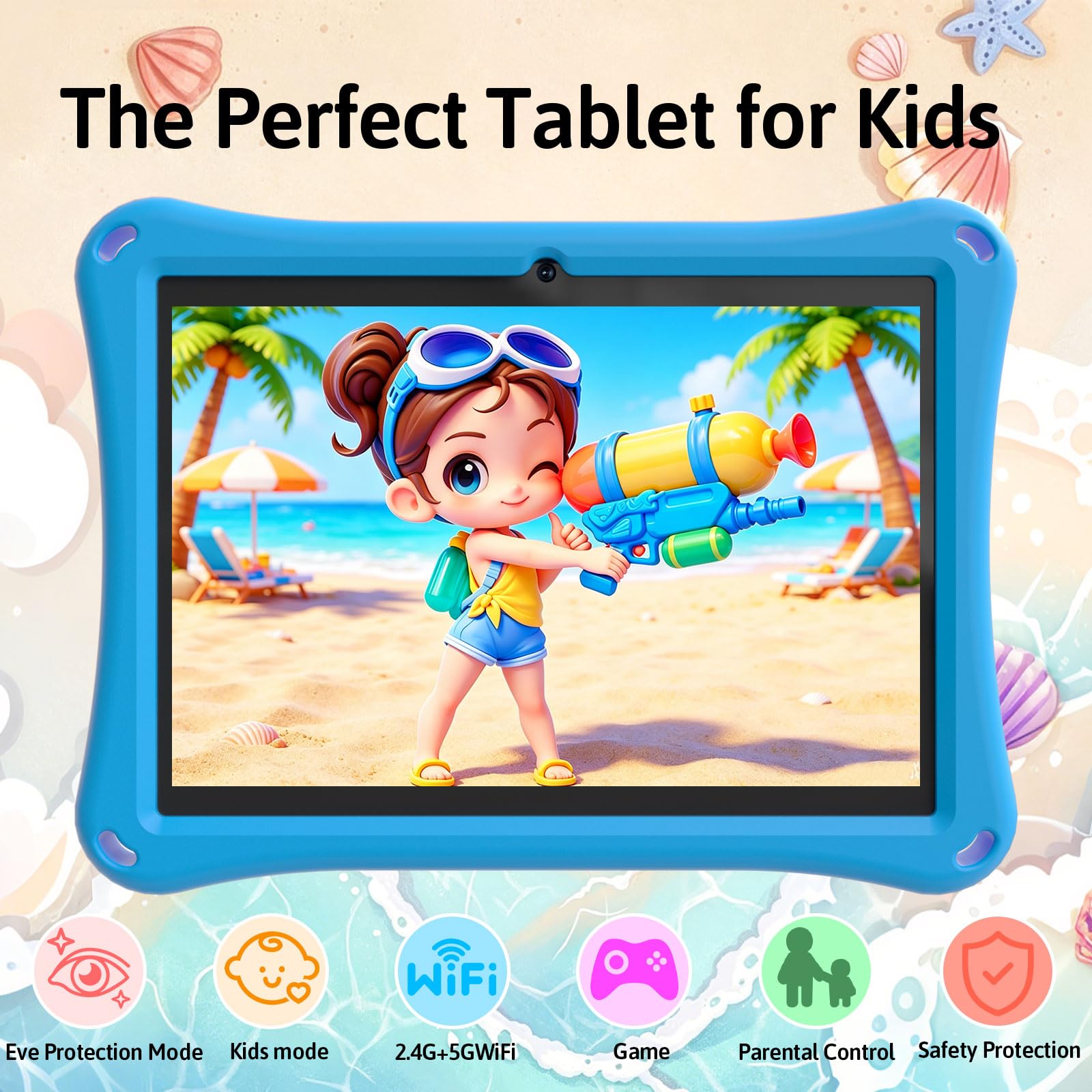 Tablet Android 15 per bambini con custodia, tablet da 10 pollici per bambini, 8 GB di RAM 32 GB ROM 1 TB espandibile, batteria lunga 6000 mAh, schermo HD IPS, doppia fotocamera, controllo genitori
