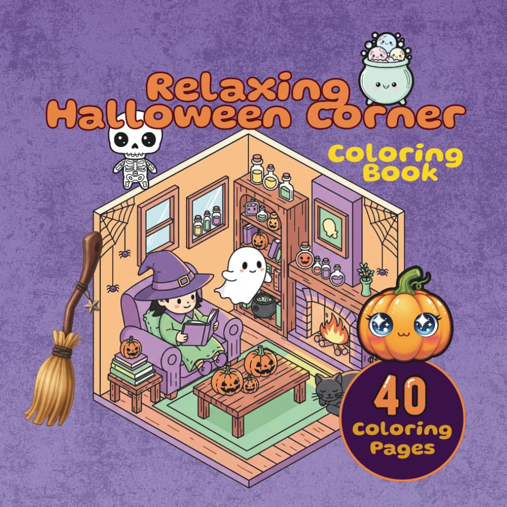 Relaxing Halloween Corner: A Cozy Coloring Book for Adults and Teens Featuring 40 Cutely Spooky Miniature Worlds with Ghosts, Witches, Pumpkins, and their Adorable Friends