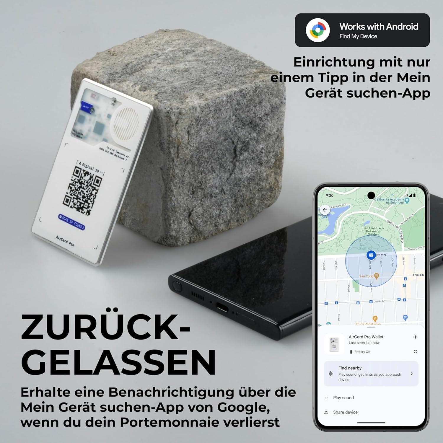 Rolling Square AirCard Pro – Bluetooth Tracker Karte Für Android Google Find Hub, Tracking Card mit Kabellosem Laden und Digitaler ID, Ultradünnes Technik-Gadget für Portemonnaie oder Reisepass