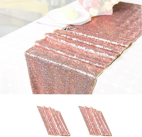 Camino de mesa de lentejuelas color oro rosa, 2 paquetes de 12 x 72 pulgadas, camino de lino brillante para suministros de fiesta de cumpleaños,