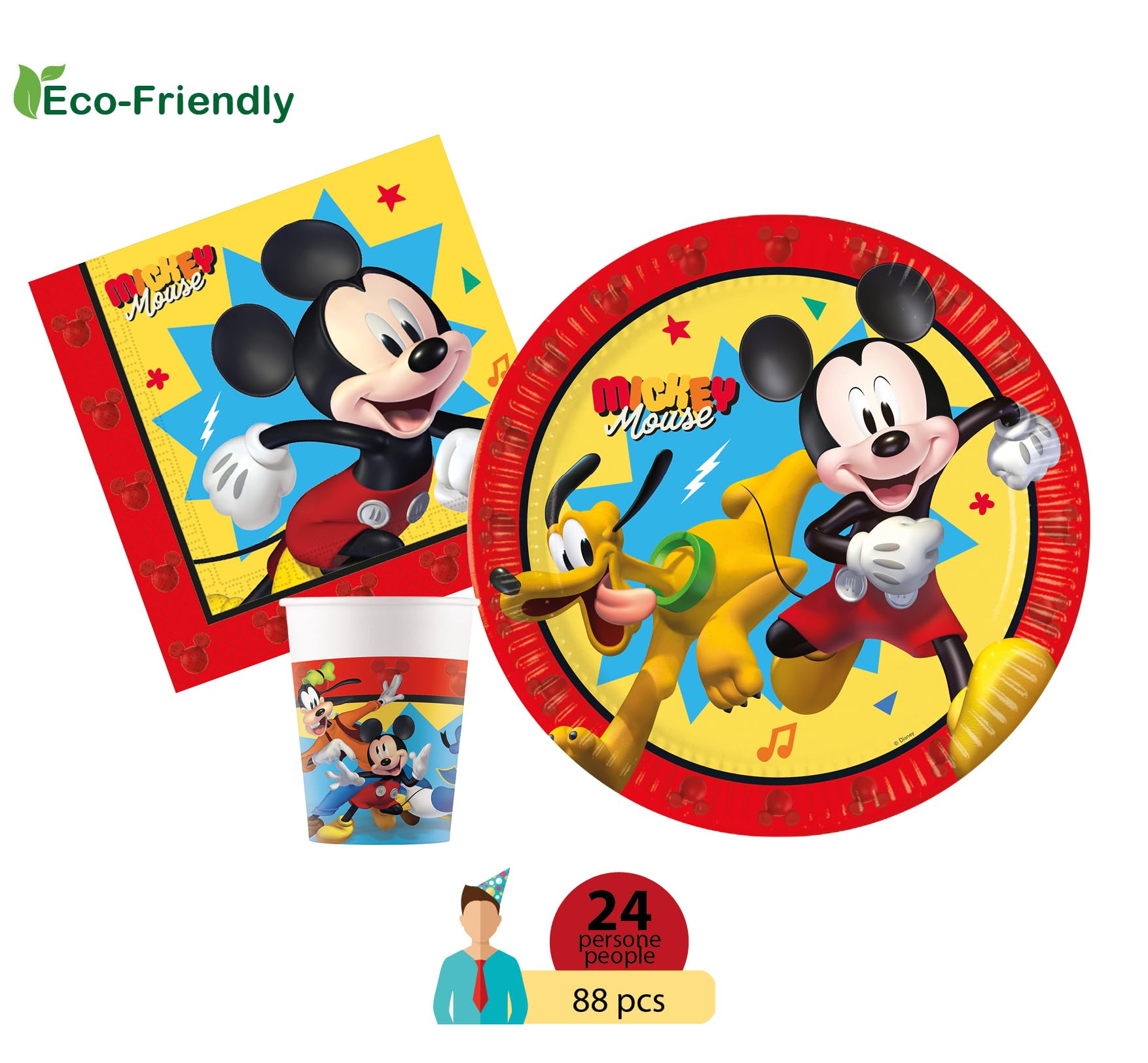 Kit Party Tavola Disney Mickey Jump into Fun per 24 persone (88 pezzi: 24 piatti Ø23cm, 24 bicchieri 200ml, 40 tovaglioli 33x33cm) in carta FSC compostabile eco-friendly
