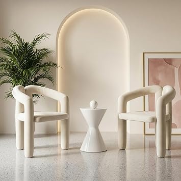 Accent Chair with Curved Arms, White Modern Upholstered Vanity Chair, Foam Filled Makeup Chair, Cream Occasional Armchair for Dressing Table, Bedroom, Living Room, Corner Space