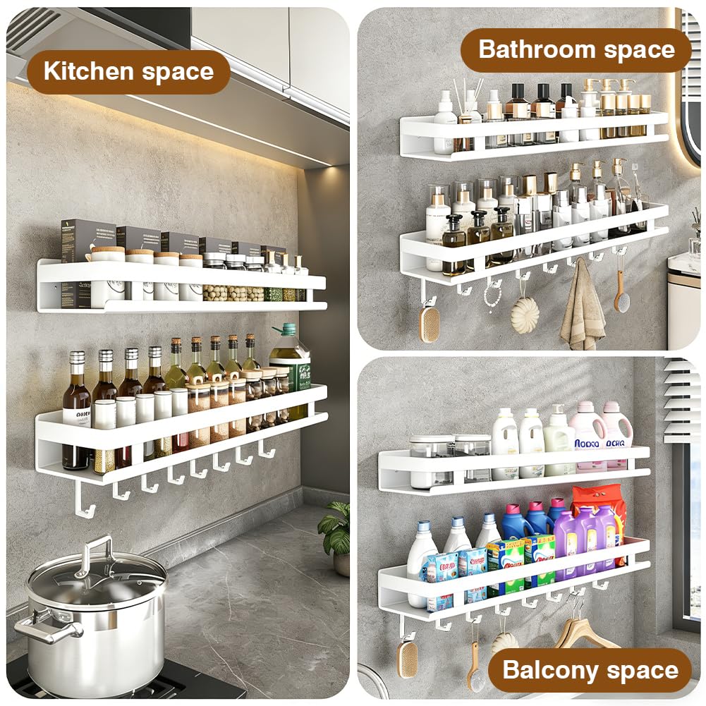 FARYODI Set di 2 portaspezie da parete senza fori, scaffale da cucina con 5 ganci, portaspezie da appendere, salvaspazio, elegante e stabile, facile da montare (bianco latte, 60 cm)