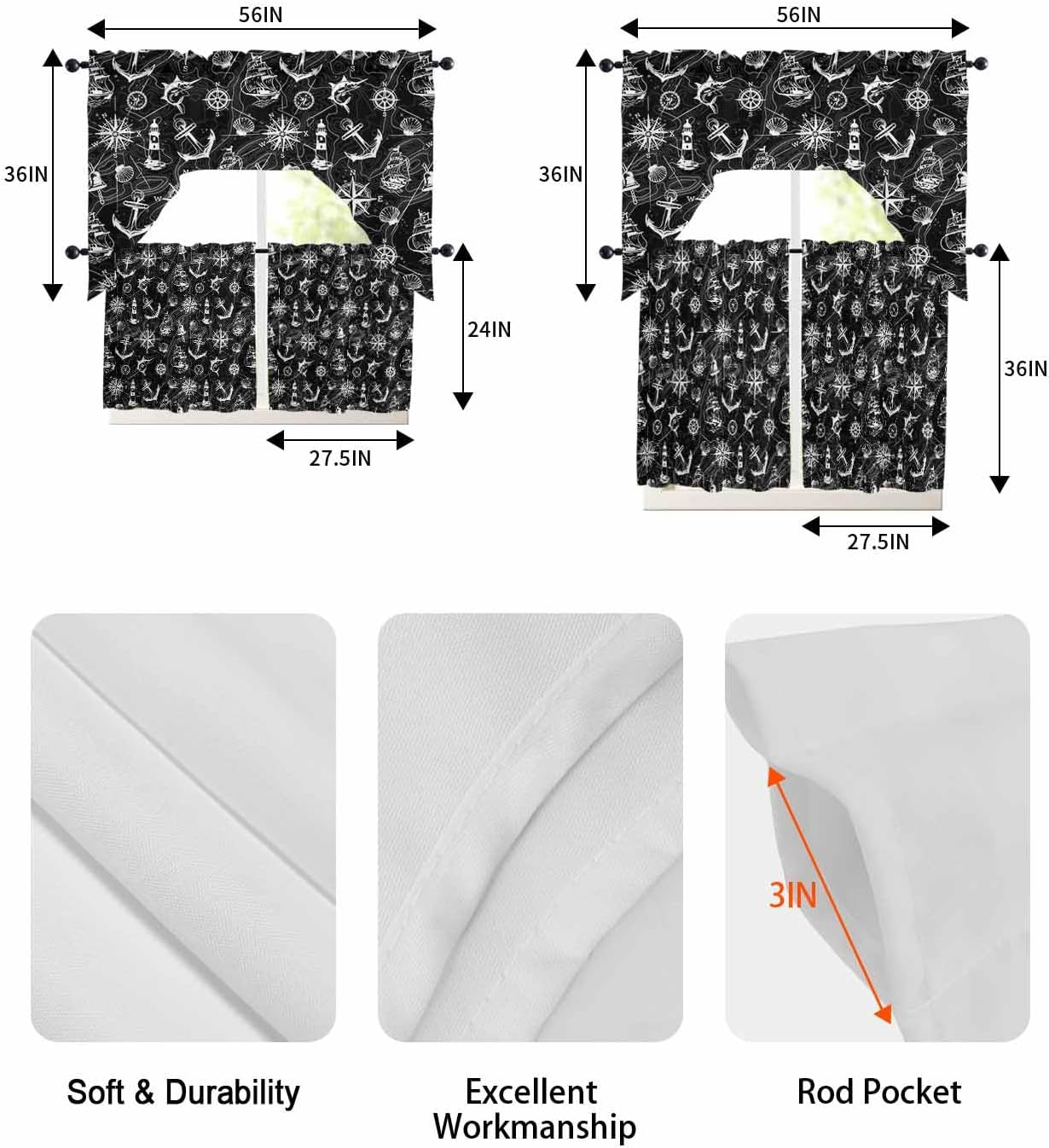 Nautical Black Swag Kitchen Curtain Sets with Valance,Retro Map Sailing Boat Rudder Anchor Coastal Curtain 3 Pieces Rod Pocket Drapes for Bedroom Bathroom Cafe Windows,56''x36'' & 24''x27.5''x2Panels