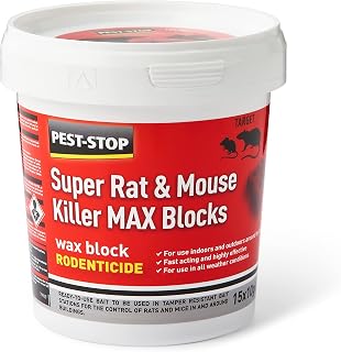 Pest Stop Super Rat & Mouse Killer MAX Wax Blocks - Baits for Mouse Rat - Mice Killer - Rat Control for Home, Office, Garden, Industry - (15 x 10g)
