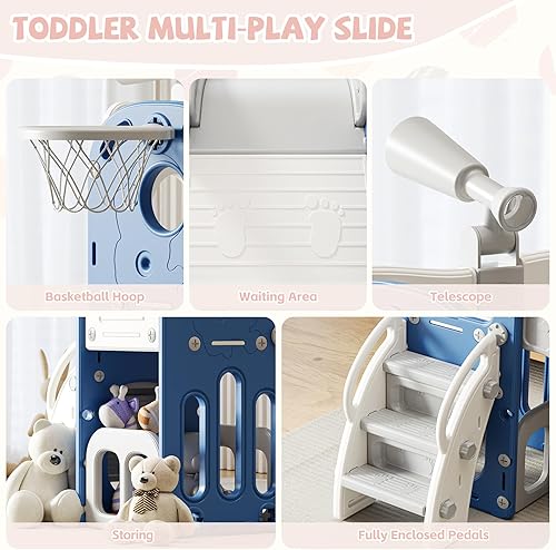 Miniatura 3 de Tobogán para niños pequeños, juego de interior para niños pequeños con aro de baloncesto y telescopio de pelota