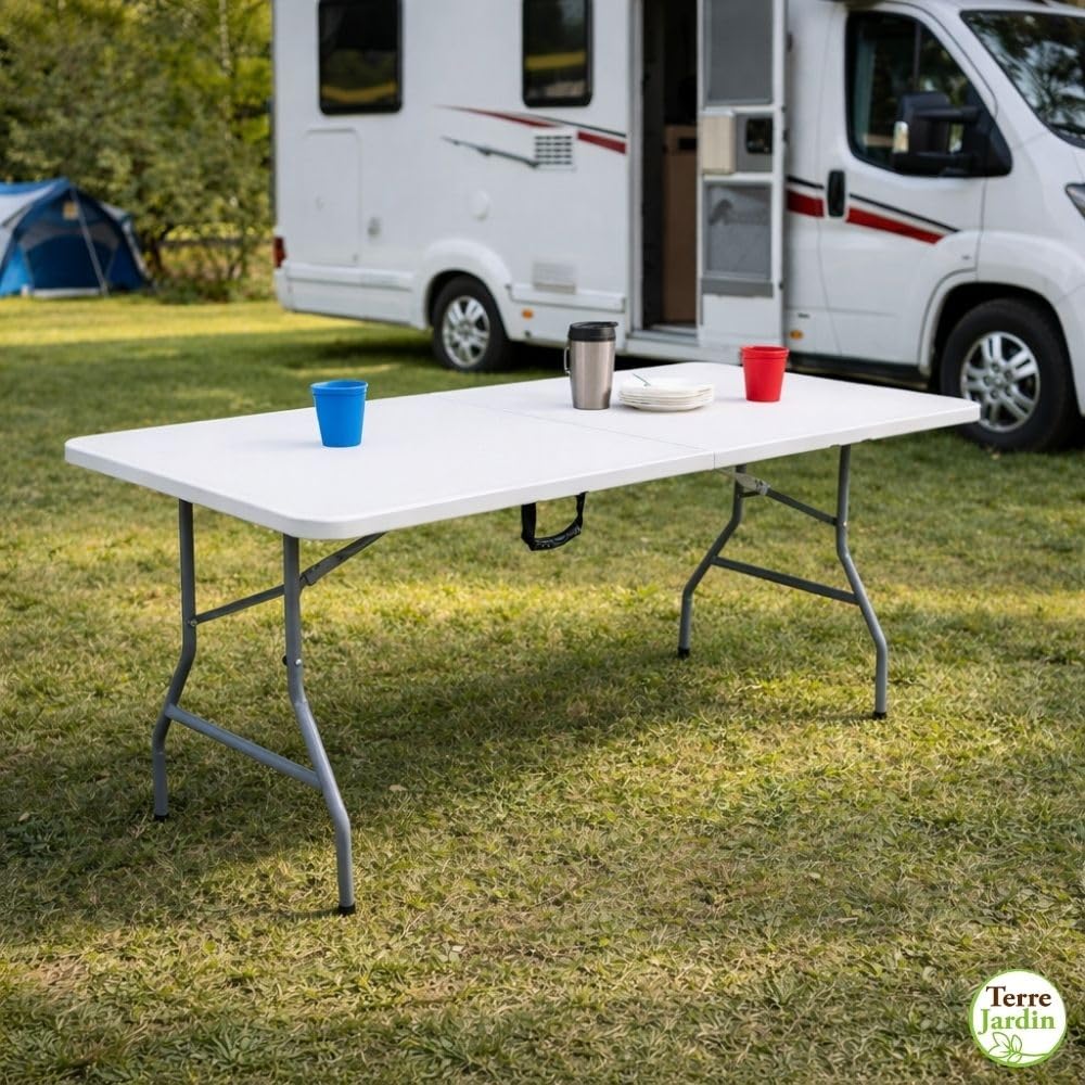 TERRE JARDIN - Table Pliante, 8 Places 180 x 74 x 74 cm,175 kg Max - Table Pliante Exterieur, Interieur Rectangulaire - Table de Jardin Pliante Blanche, Buffet, Fêtes, Camping - Stable et Robuste