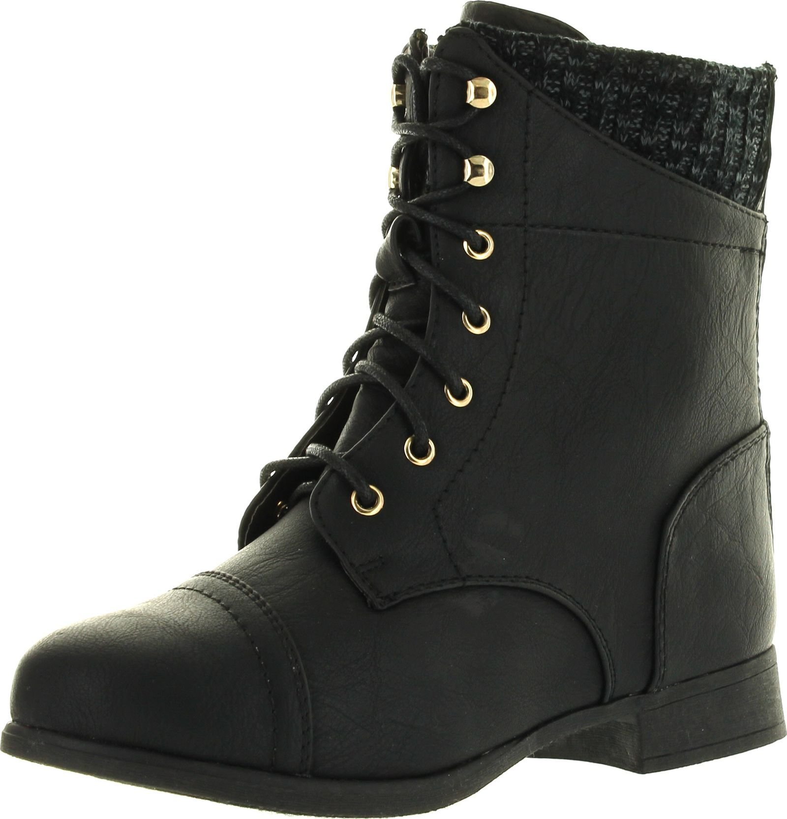 Top Moda Womens Smart30 Black Military Leatherette Sweater Cuff Lace Up Zipper High Top Ankle Boots