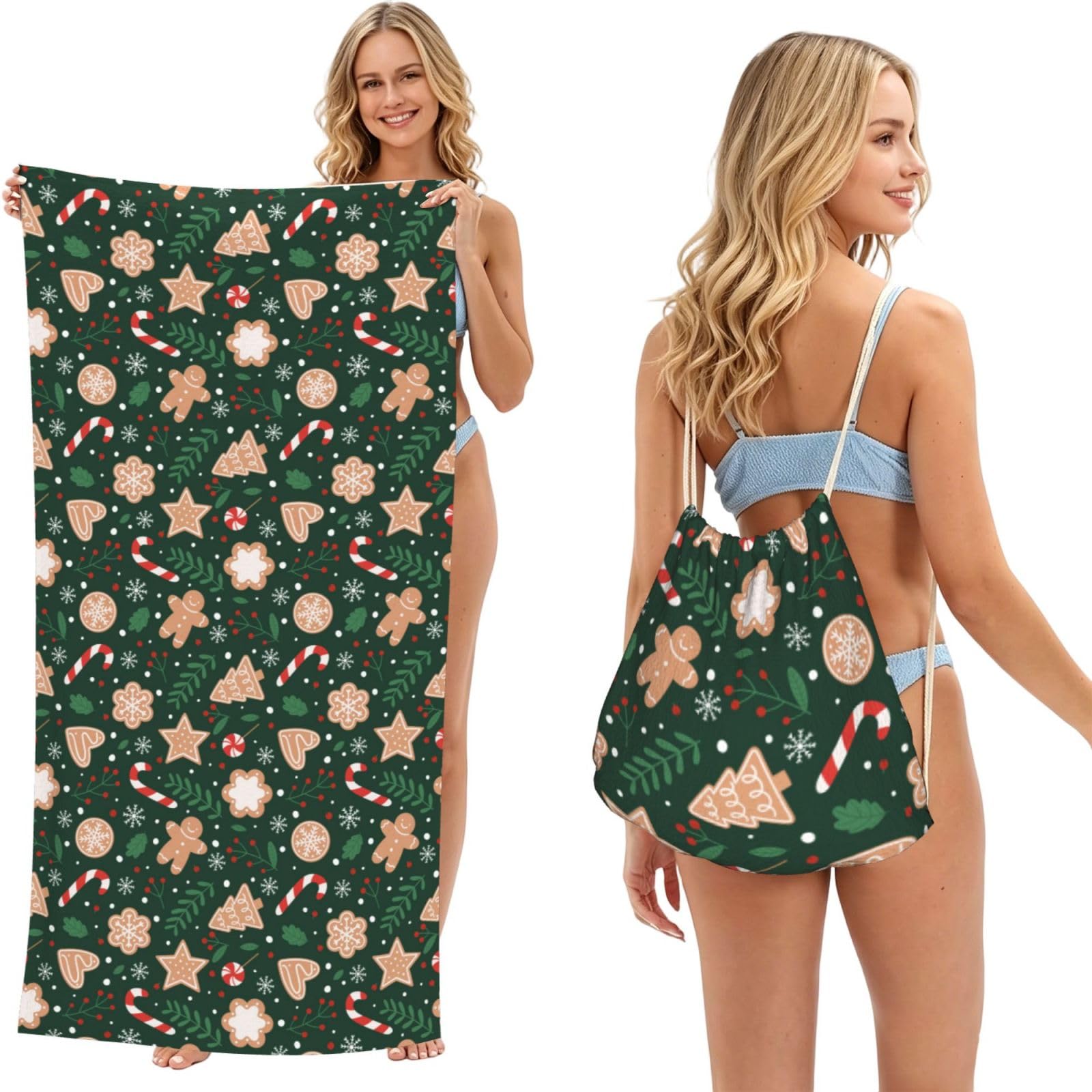 Poadnly As Picture Christmas Candy Cane Gingerbread On Green Background, 2 In 1 Packable Towel Bag, Beach Towels With Drawstring Backpack For Travel Holiday Camping