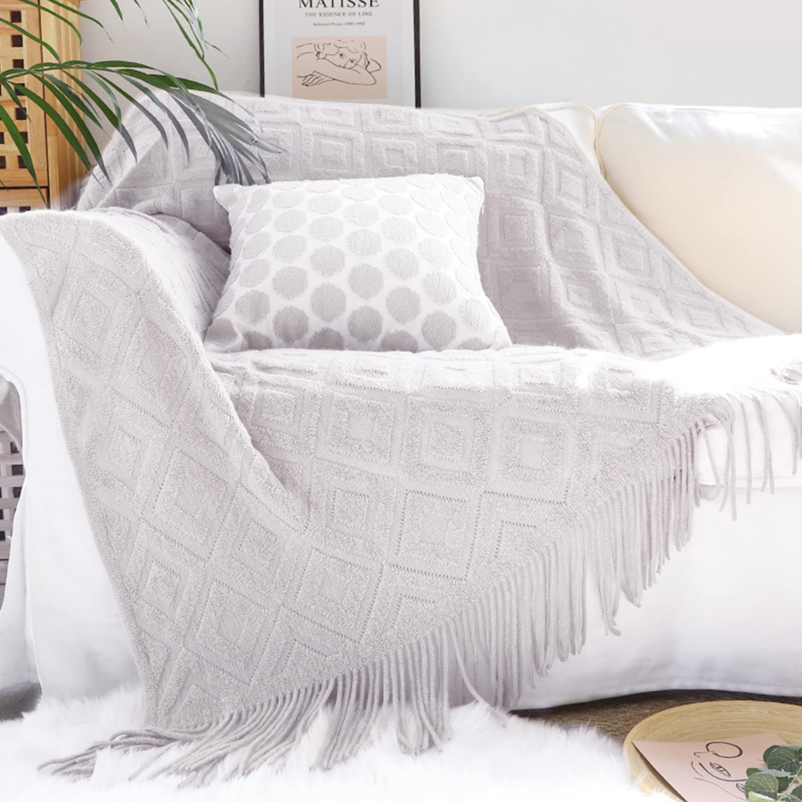LumiSyne Gebreide Deken Met Franjes en Kwastjes - Effen Kleur Jacquard
