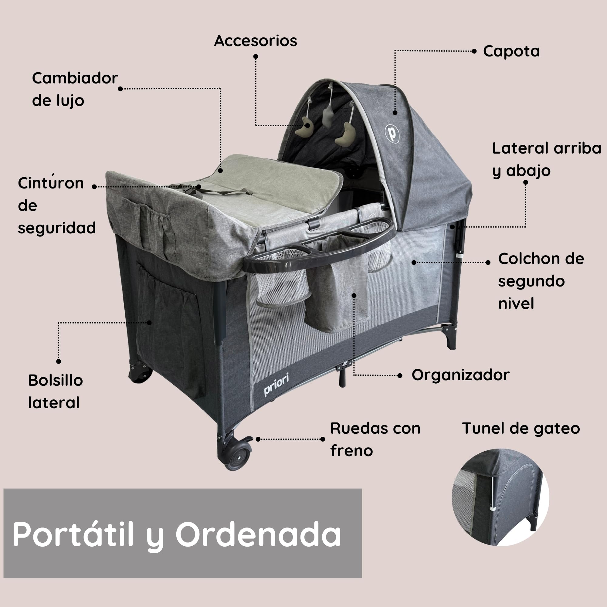 Priori Baby Halley Cuna Colecho Convertible 2 en 1 para Bebé – Portátil con Cambiador, Toldo y Juguetes, Regulable en Altura con Malla Transpirable Ruedas con Freno y Colchón Suave, Hasta 15 kg (Gris)
