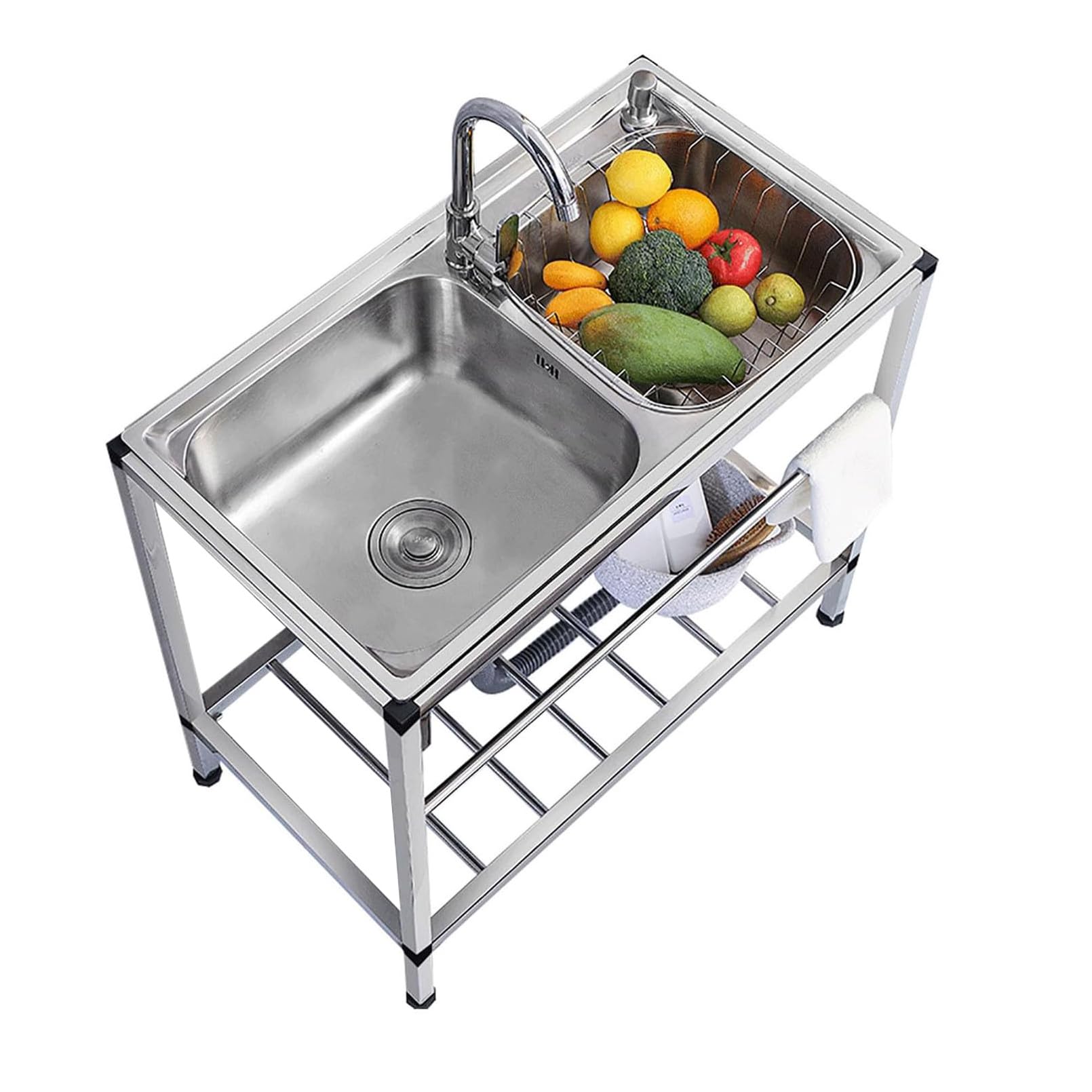 LMYSXAOZ Commercial Restaurant Sink, Stainless Steel Utility Sink Free-Standing Kitchen Double Bowl with Strainer