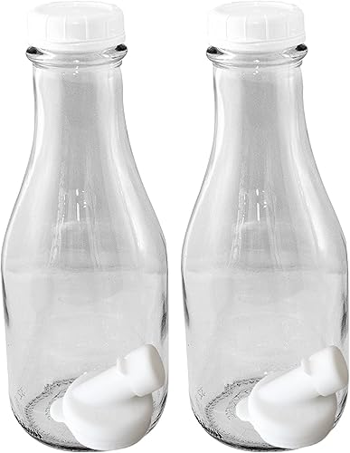The Dairy Shoppe Botella de leche de vidrio de 1 cuarto de galón de 32 onzas de alto/estilo redondo con tapas a presión y boquillas de vertido