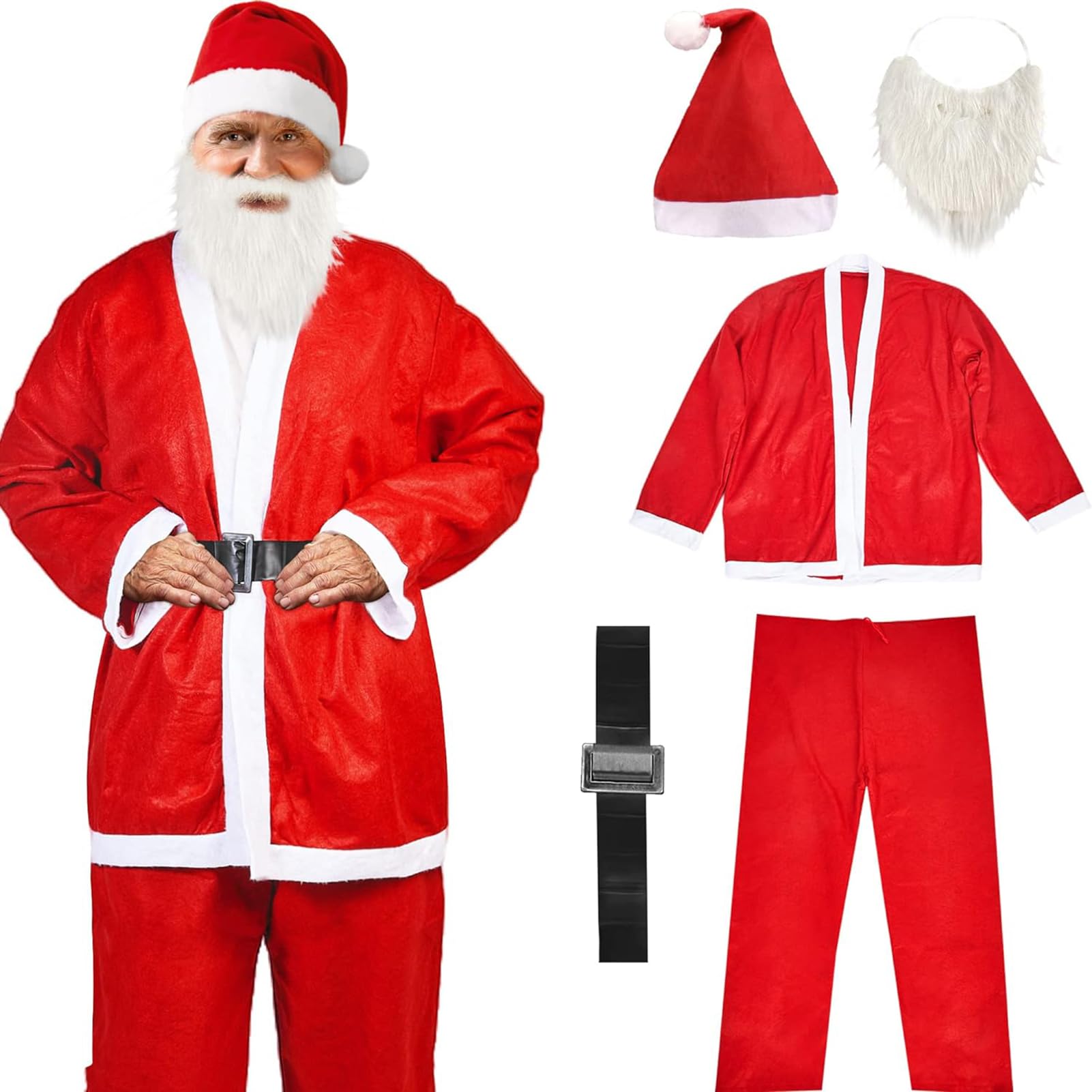 Extra Large 5pcs Santa Claus Costume for Adults,Adjustable Size Santa Costume Men for Christmas(Red XL)
