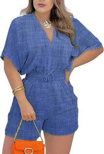 Mandonce Jumpsuit for Women V-neck Bat Sleeve Elastic Waist Tie Printed Shorts with Pockets Loose Casual Jumpsuit