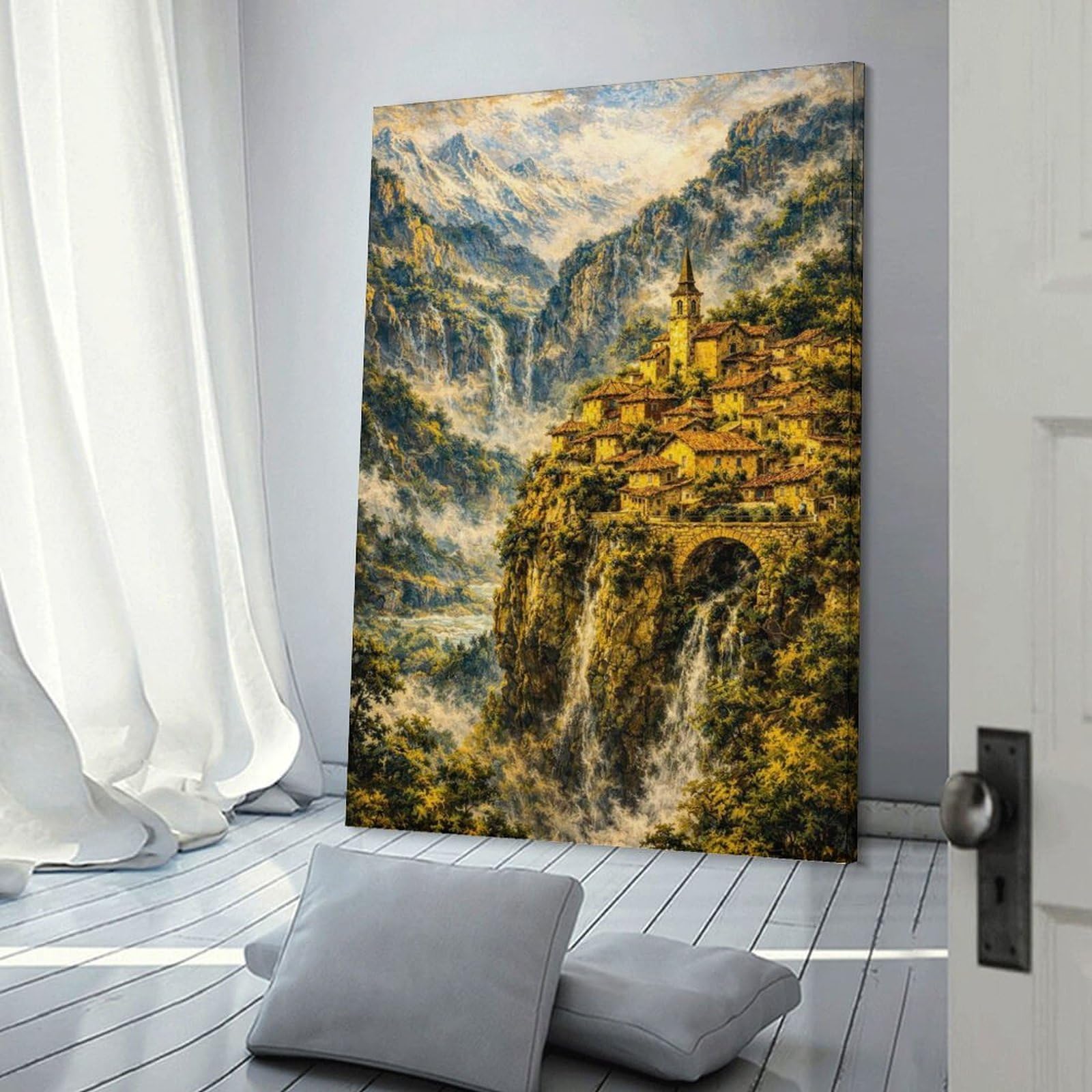 Junmoney Village on A Cliffside with Waterfalls Decorative Canvas Print, 24x36inch(60x90cm), for Home, Office, Studio Or Guest Room, Canvas Wall Art That Fits Changing Layouts