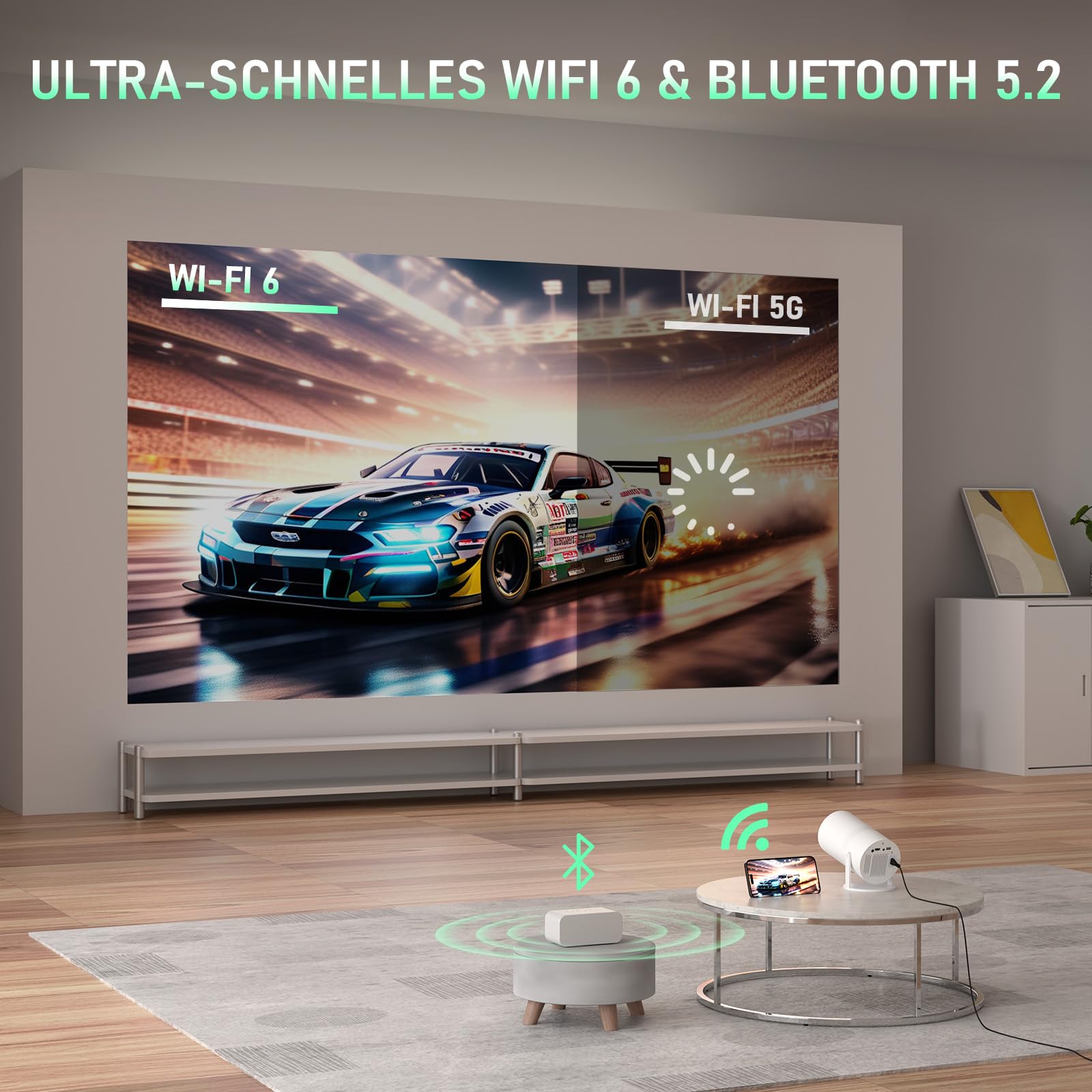 [Netflix-zertifizierter & Elektrischer Focus] Mini Beamer 4K Unterstützung mit WiFi & Bluetooth Projektor mit 210° drehbarer Stand, Automatische Trapezkorrektur, Staubfilter & Wärmeableitungssystem