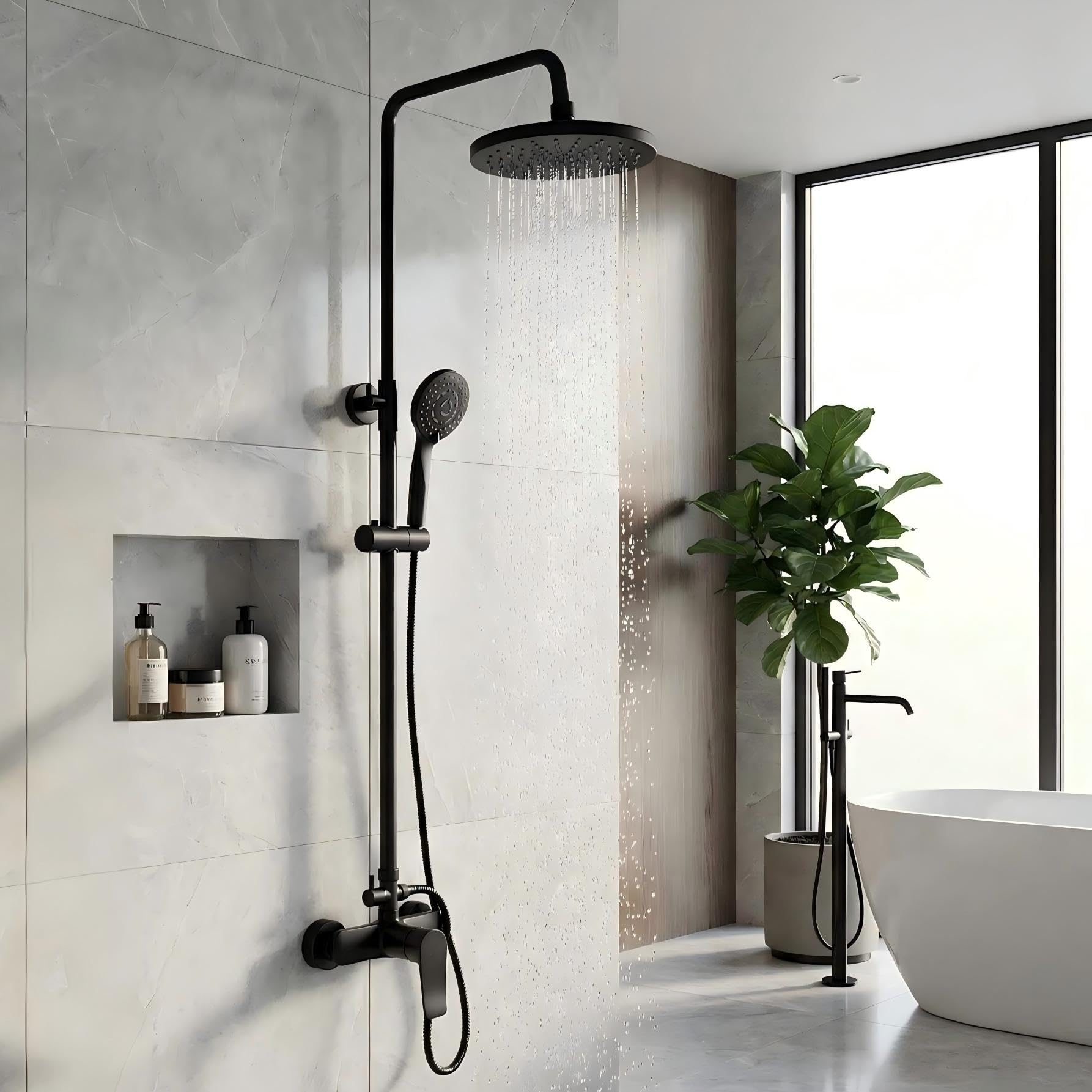 YOOZENA Duscharmatur Komplettset,Duschsystem mit Regendusche, 3 Strahlarten Duschkopf, Duscharmatur Schwarz，Regendusche mit armatur
